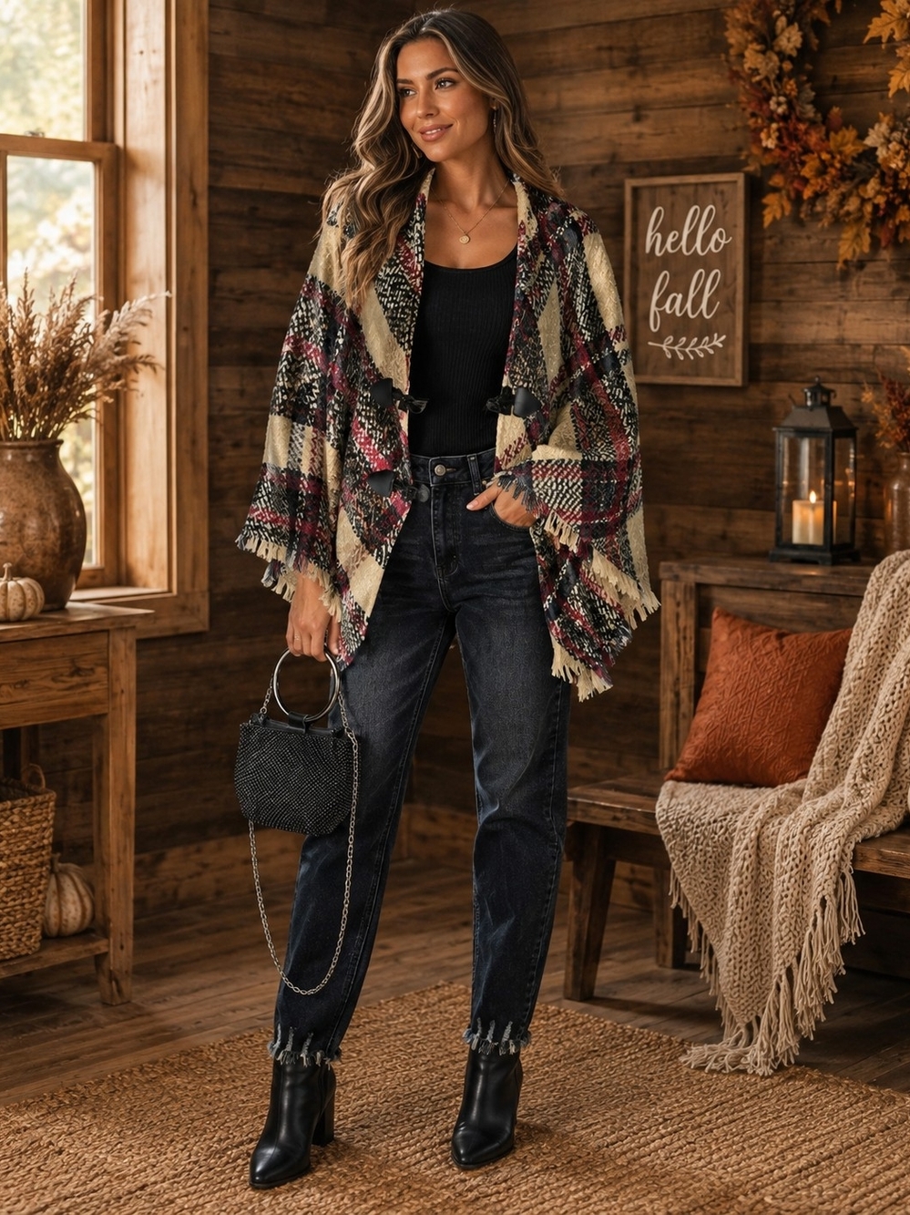 David and Young Plaid Fringe Cape in Cream, Black & Burgundy